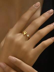 1 st guld ring, fashionabla mini singelzirkonia 26 engelska alfabetet släta bokstavsringar, öppna fingerringar för kvinnor, söta och eleganta smycken med versaler - SJZ-085-2 - Visa 6