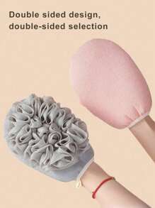 1 件，2 合 1 亲肤沐浴手套、沐浴巾和沐浴球 2 合 1，两用双面身体清洁工具，带花浴球双面水疗擦洗手套，去除死皮，温和呵护肌肤且易起泡，细网眼和柔软质地沐浴多功能清洁工具，浴室沐浴工具（灰色、粉色和蓝色） - 雙面2合一 - 查看 3