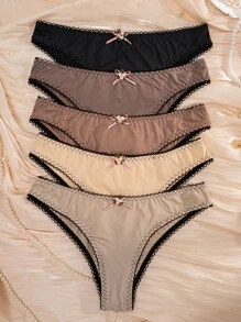 5pcs/Pack Women's Solid Color Flower & Bow Decor Comfort Panties