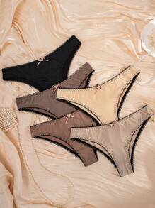 5pcs/Pack Women's Solid Color Flower & Bow Decor Comfort Panties