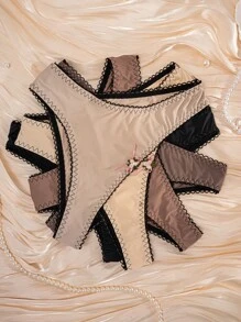 5pcs/Pack Women's Solid Color Flower & Bow Decor Comfort Panties