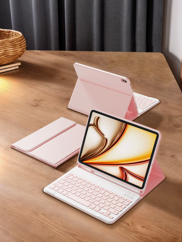 Funda con teclado compatible con Galaxy Tab, iPad, Redmi Pad Se, con teclado inalámbrico Bluetooth desmontable y soporte para lápiz (no incluye el lápiz), funda protectora ligera y delgada, funda para iPad (rosa)