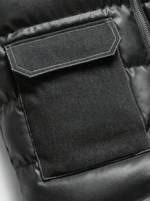 Men's Sleeveless Vest With PU Leather Panel, Warm And Windproof Stand Collar Winter Jacket