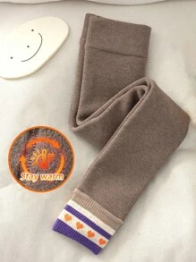 1 peça leggings térmicas com estampa de coração listrado bicolor para meninas, outono e inverno, confortáveis, macias e modernas, adequadas para uso diário ou presentes de feriado