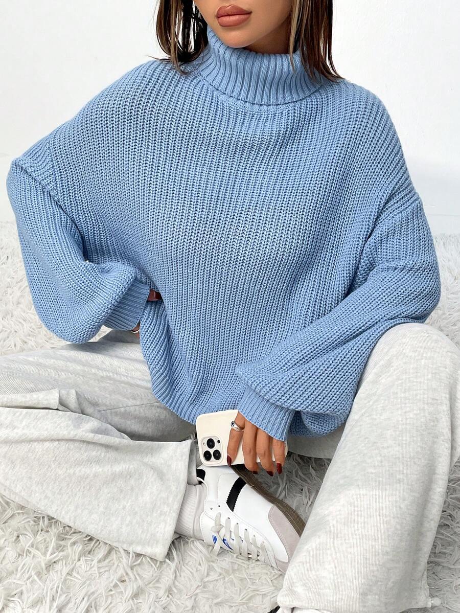 女士简约大方宽松高领灯笼袖针织套头衫