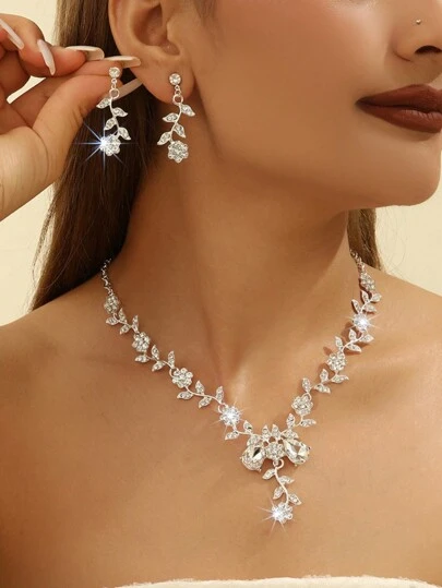 3pcs/Set Fashionable & Elegant Floral Rhinestone Inlaid Alloy Necklace And Earrings Set, Bridal Jewelry Set, Party/Mother's Day Gift