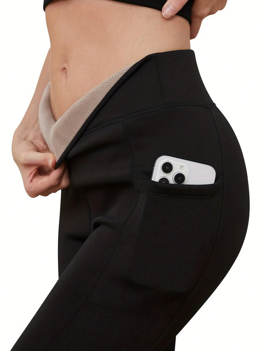 女士保暖带口袋打底裤 冬季保暖高腰瑜伽裤 冬季加厚天鹅绒弹力保暖打底裤 弹力高腰紧身黑色打底裤