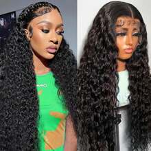 Tóc giả ren phía trước CUEKI 13x6 Water Curly HD trong suốt 34 inch 150% mật độ tự nhiên màu đen 13x6 Water Wave Lace Front Wigs Tóc người 150% mật độ dành cho phụ nữ có tóc con - Tự nhiên & Đen - Xem 3