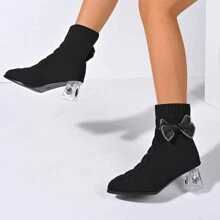 Giày bốt cổ ngắn, mũi nhọn, trang trí nơ tối giản thời trang nữ, thoáng khí, đế đan trong suốt, gót vuông pha lê - đen - Xem 7