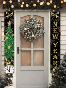 2025 新年装饰品 - 72x12 英寸新年快乐前门门廊标志黑色和金色旗帜，2025 新年除夕派对用品室内室外家居墙壁 - 黑金色 - 查看 3