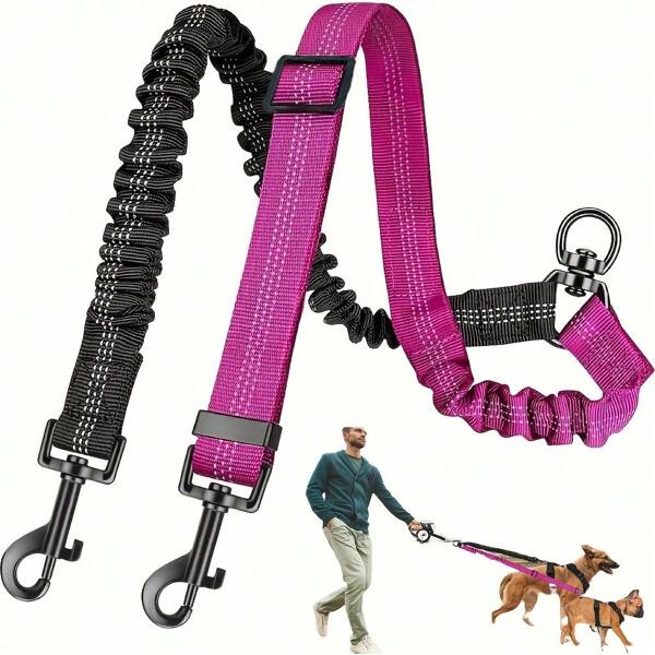 Guia para dois cães, 2 em 1, acessório de guia dupla para cães atualizado, combinando alça ajustável e elástico de absorção de choque, sem emaranhamento, divisor de treinamento duplo para cães de médio e grande porte
