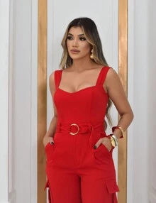 Women's Jumpsuit In Premium Tailoring Sophisticated Square Neckline With Thick Straps Adjusted Waist With Buckle Belt And Cargo Pockets Elegant Fashion - 紅色 - 查看 3