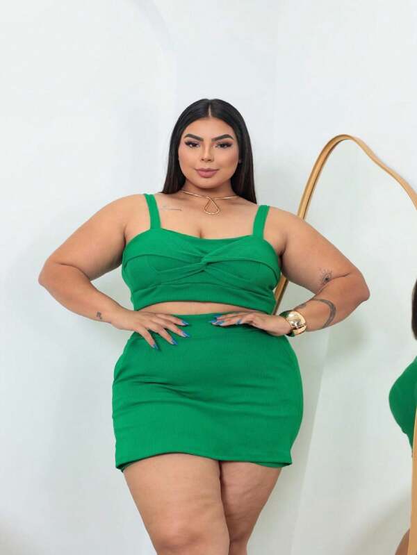 Conjunto Plus Size Feminino Short Saia + Cropped Alça  Com Bojo Anarruga Festa Elegante