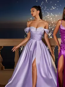 女士缎面露肩晚礼服，短袖高开衩舞会长裙，适合花园婚礼派对的优雅伴娘礼服 - 紫羅蘭色 - 查看 7