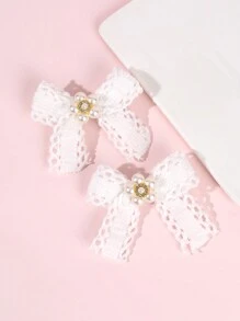 2 piezas Lazos de encaje para el cabello de niña con clips de caimán con perlas, lazos de malla simple para fiesta de boda, pasadores de cabello elegantes con bordados, accesorios para el cabello de niños