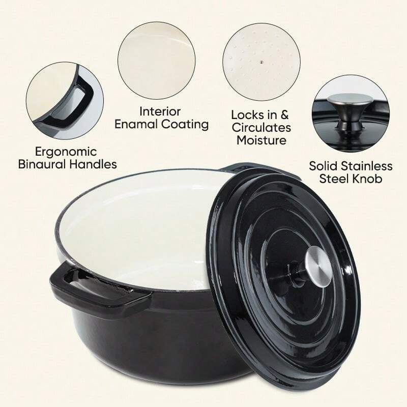 6.5 QT Cast Iron Stockpot, Ceramic Pot With Lid And Double Handles For