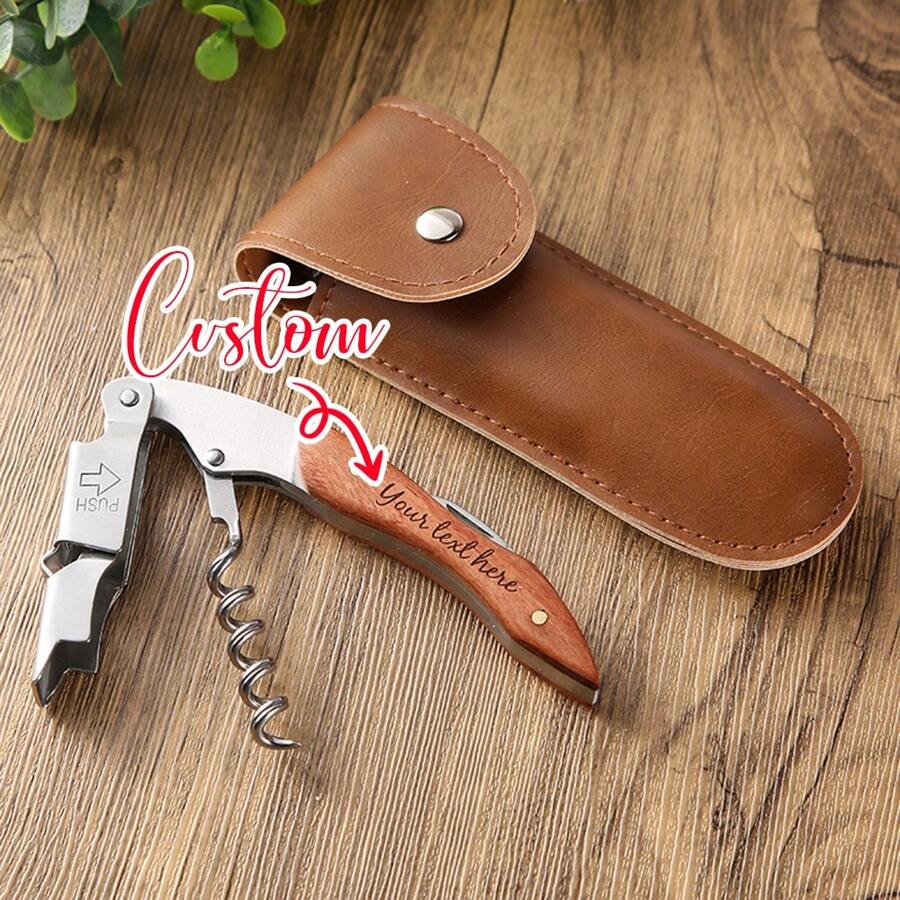 1pc Personalized Engraved Bottle Opener, Leather Sheath, Wooden Handle, Suitable As Friend, Father's Day, Birthday Gift Or Men's Gift, Also Essential For Weddings, Unique Gift - 1 Pcs - View 1
