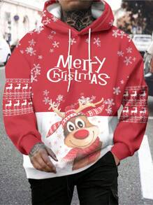 Men's Christmas Elk And Snowflake Printed Hoodie - Multicolor - View 1