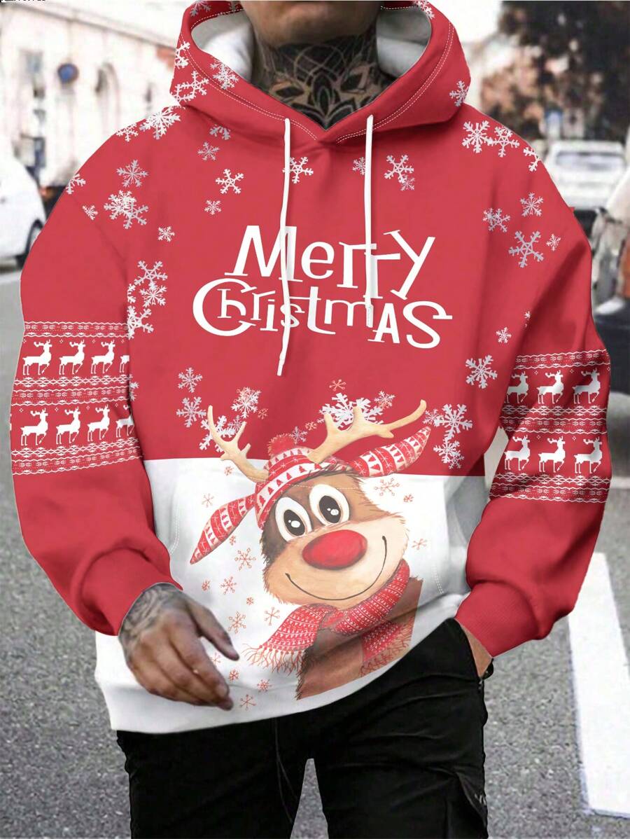 Men's Christmas Elk And Snowflake Printed Hoodie - Multicolor - View 1