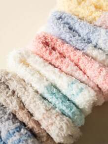 6 双儿童彩色对比珊瑚绒厚保暖袜，舒适透气中筒袜，适合秋冬季儿童，适合室内和室外日常穿着 - 彩色 - 查看 4