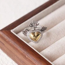 1pc Fashion 18k Gold Plated Heart Shape Rings Jewelry Zirconia Silver Chunky Ring Hip-Pop Retro Heart Wings Ring Valentines,Mom,Mother,Mother's Day,Gift