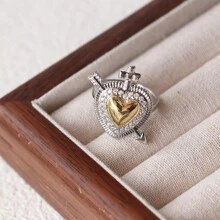 1pc Fashion 18k Gold Plated Heart Shape Rings Jewelry Zirconia Silver Chunky Ring Hip-Pop Retro Heart Wings Ring Valentines,Mom,Mother,Mother's Day,Gift