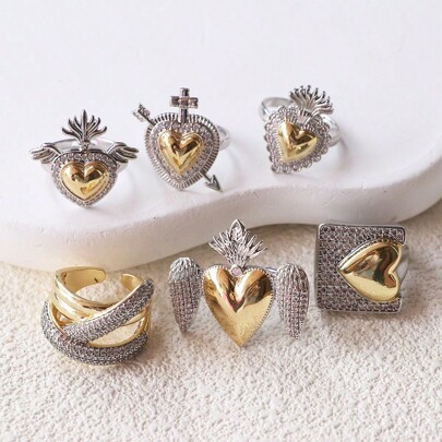 1pc Fashion 18k Gold Plated Heart Shape Rings Jewelry Zirconia Silver Chunky Ring Hip-Pop Retro Heart Wings Ring Valentines,Mom,Mother,Mother's Day,Gift