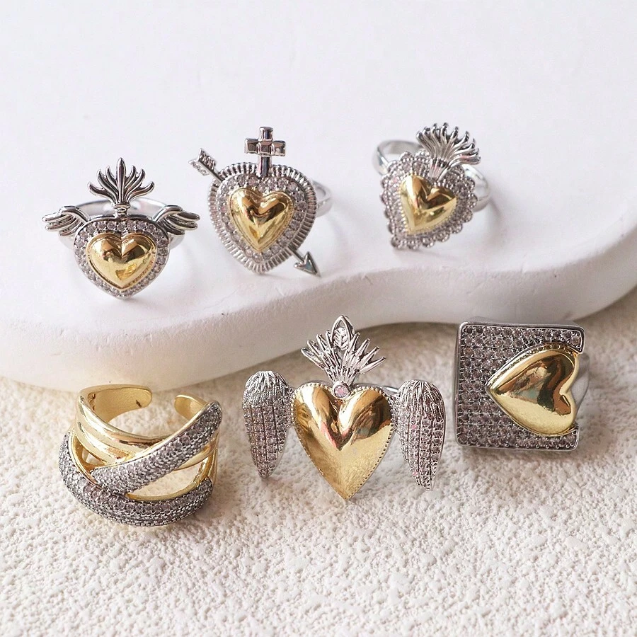 1pc Fashion 18k Gold Plated Heart Shape Rings Jewelry Zirconia Silver Chunky Ring Hip-Pop Retro Heart Wings Ring Valentines,Mom,Mother,Mother's Day,Gift