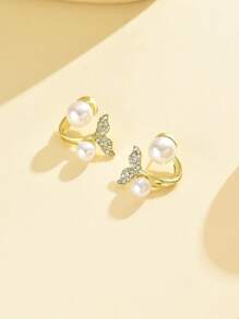 1pair Chic Fish Tail Shape Earrings With Rhinestones & Faux Pearls For Women