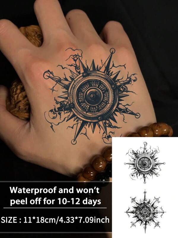 1 Stück mechanischer Kompass temporäre Tattoos wasserfest schweiß resistent hält 1-2 Wochen, realistisch, kräuterbasiert, nicht reflektierend, reibungsarm, falsche schwarze Fake Tattoos für Männer und Frauen, Tattoo Aufkleber für Arm, Brust, Taille, Rücken, Bauch, Bein, Hals, Finger, Ohr, modernistische Körperkunst