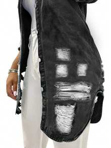 Women's Casual Mid-Length Distressed Washed Denim Jacket, Autumn - Dark Grey - View 4