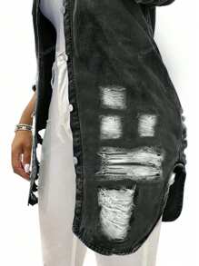 Chaqueta de mezclilla casual de longitud media desgastada y desgarrada para mujer