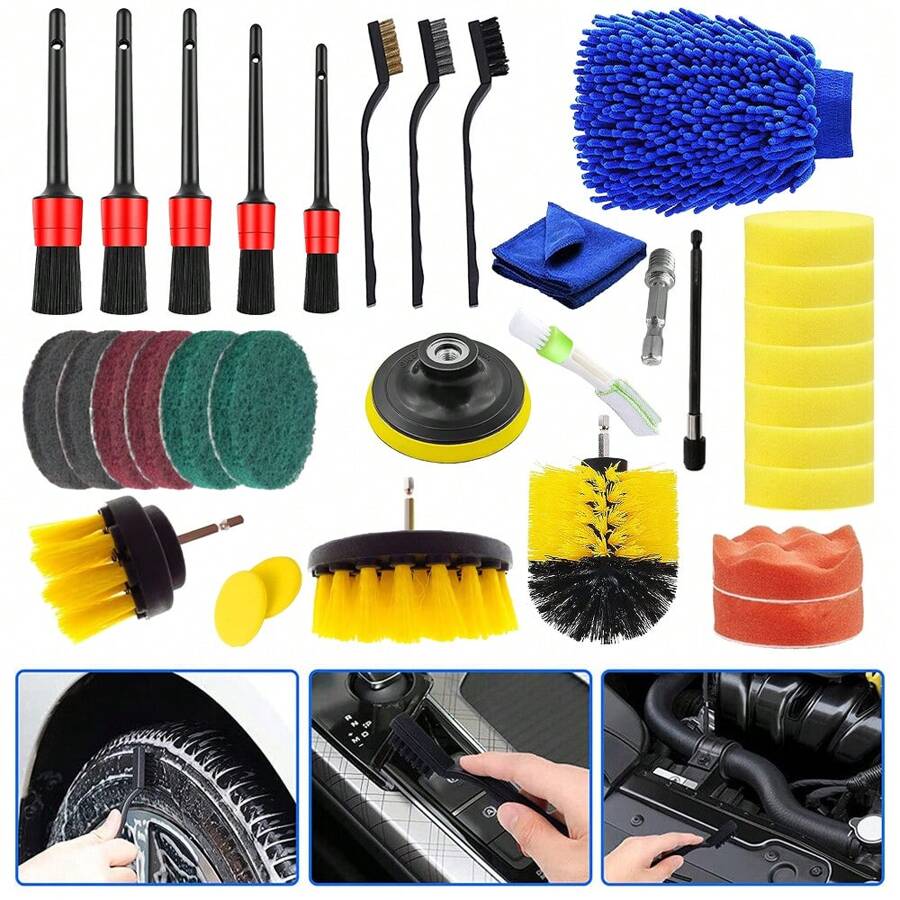 Auto Reinigungsset 33-Teilig, Aufbereitungsset für Innen & Außen, Felgenbürsten - Verschiedenfarbig - Übersicht 1