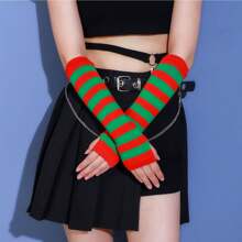 过膝圣诞袜和手套套装、蝴蝶结和绒球条纹手套袜子、角色扮演圣诞派对服装 - 彩色 - 查看 3