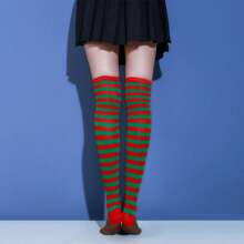 过膝圣诞袜和手套套装、蝴蝶结和绒球条纹手套袜子、角色扮演圣诞派对服装 - 彩色 - 查看 2