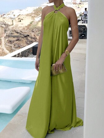 Women's Summer O-Ring Criss Cross Sleeveless Self-Tie Halter Backless Maxi Long Beach Dress