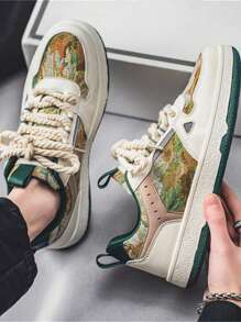 Giày thể thao đế dày chống trượt, thiết kế chắp vá buộc dây cho nam màu Khaki, giày thể thao cổ thấp phong cách đường phố ngoài trời hợp thời trang, dành cho các cặp đôi - Màu be - Xem 7
