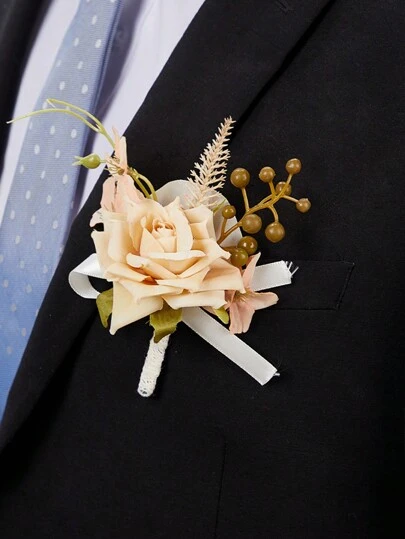 1 件玫瑰腕花和胸花套装人造胸花腕带手链适用于婚礼装饰舞会仪式配饰、新娘伴娘女孩女士派对、返校仪式周年纪念