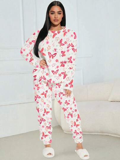 Shendy Vendy Pijama Afelpada Para Mujer Conjunto 2 Piezas Manga Larga Caliente Moda De Hogar Calida Pijama Mujer Moda Outfit Casa
