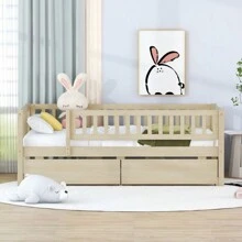 Twin Size Daybed Wood Bed With Two Drawers, Natural - Natural + Solid Wood + Twin as pic - View 2