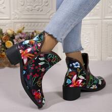 Giày bốt da thời trang nữ, Giày bốt ngắn mùa thu có lớp lông cừu mỏng, Giày bốt cao gót da họa tiết bất đối xứng, Giày bốt ngắn da họa tiết, Giày bốt đen - màu đen - Xem 6