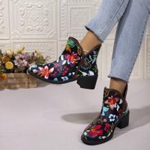 Giày bốt da thời trang nữ, Giày bốt ngắn mùa thu có lớp lông cừu mỏng, Giày bốt cao gót da họa tiết bất đối xứng, Giày bốt ngắn da họa tiết, Giày bốt đen - màu đen - Xem 2