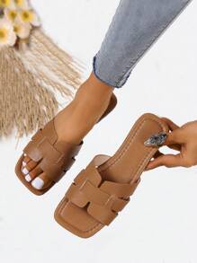 2025 Giày Sandal Nữ Mùa Hè Mới Về Mũi Vuông Bằng Da PU Cỡ Lớn Thời Trang Thường Ngày Màu Đen - Cà phê nâu - Xem 6