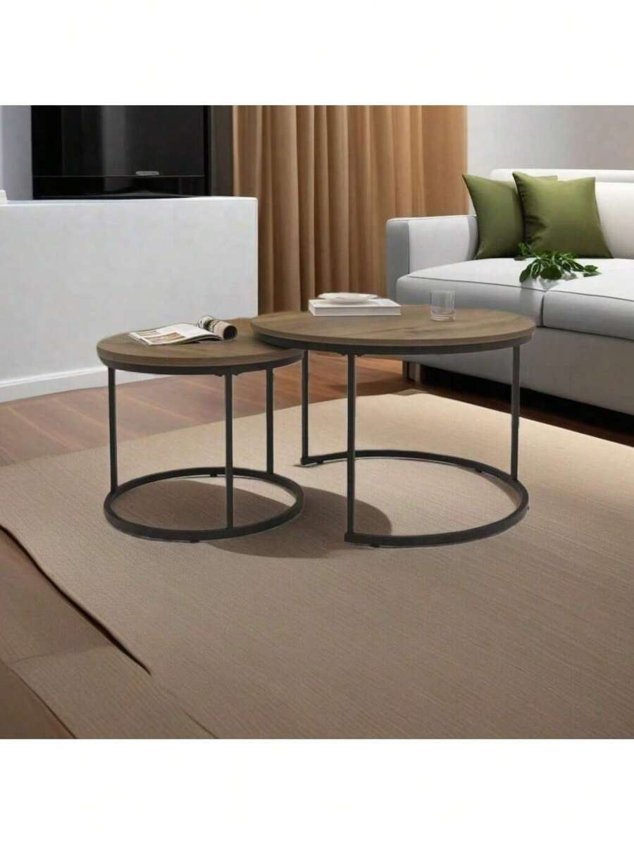 Nesting Coffee Table Set Of 2, 27.6Inch Round Coffee Table ,Industrial Wood Finish ,Made Of Sturdy MDF Tabletop And Iron Frame,With Sturdy Metal Frame,Sturdy And Durable, Exquisite Detail Design,Multi-Purpose, End Table Side Tables Suitable For Living Room ,Bedroom,Balcony Yard ,Brown.,HomeHaven8