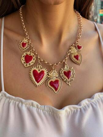 Gothic Gold Silver Mary Sacred Heart Hänge Halsband Legering Röd Emalj Flame Sacred Heart Corazon Catholic Punk Smycken