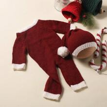 2 Stücke/Set Neugeborenen Weihnachtsmann Set Fotografie Requisite Weihnachts-Outfit Set Weihnachtsmann Outfit Weihnachtskostüm Häkel Baby Latzhose Weihnachtsmann Set für Weihnachts Baby Kostüm