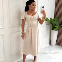 Christian Fashion Linen Midi Dress With Belt - 查看 5