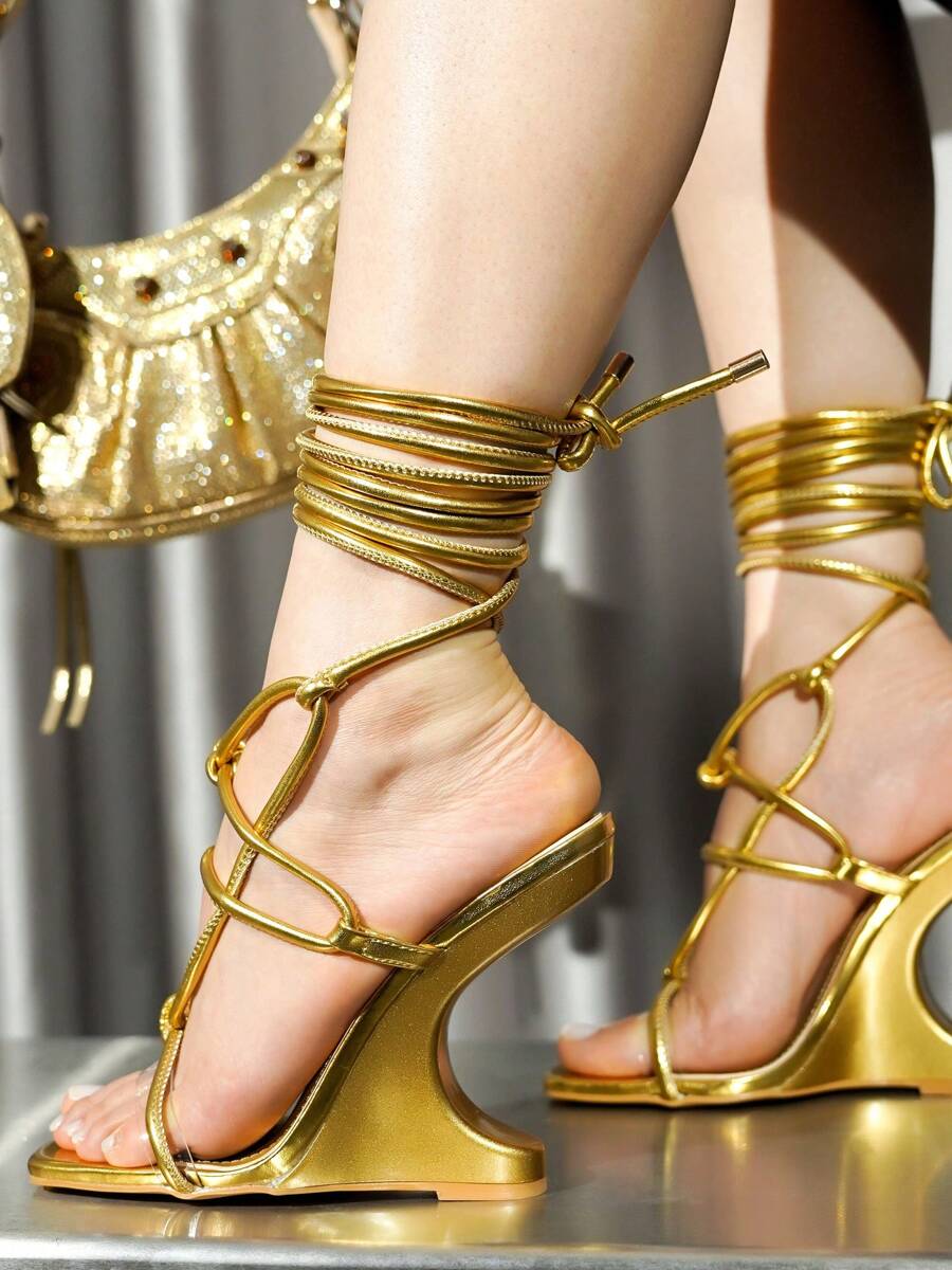 Women's Strappy Sculpted Wedge Heels - Square Toe Ultra High Heel For Weekend - Gold - View 1