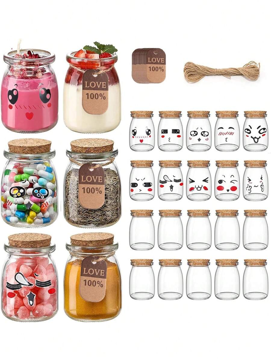 Tarros de Cristal Transparente, 20 Tarros de Albañil, Tarros de Albañil con Tapa de Corcho de 3.4oz, Mini Tarros de Pudín, Tarros de Yogur, Tarros de Especias, Tarros de Cristal de Expresión Bonita - transparente - Ver 1