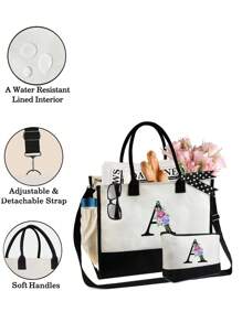 Túi Tote Chữ Hoa Và Túi Đựng Đồ Trang Điểm, Túi Xách Vải Bố Có Chữ Cái Đầu, Túi Đựng Mỹ Phẩm, Túi Quà Tặng Cá Nhân Hóa, Thích Hợp Cho Đám Cưới, Sinh Nhật, Bãi Biển, Ngày Lễ, Cặp Học Sinh, Là Món Quà Tuyệt Vời Cho Phụ Nữ, Mẹ, Giáo Viên, Bạn Bè, Phù Dâu, Học Sinh, Túi Lớn, Quay Lại Trường Học, Túi Xách Tay Đơn Giản Có Sức Chứa Lớn, Túi Tote Đựng Đồ Thường Ngày Di Động, Túi Mua Sắm Đa Năng, Thiết Kế Mới, Sức Chứa Lớn, Lý Tưởng Cho Việc Mua Sắm - Đen và trắng - Xem 4